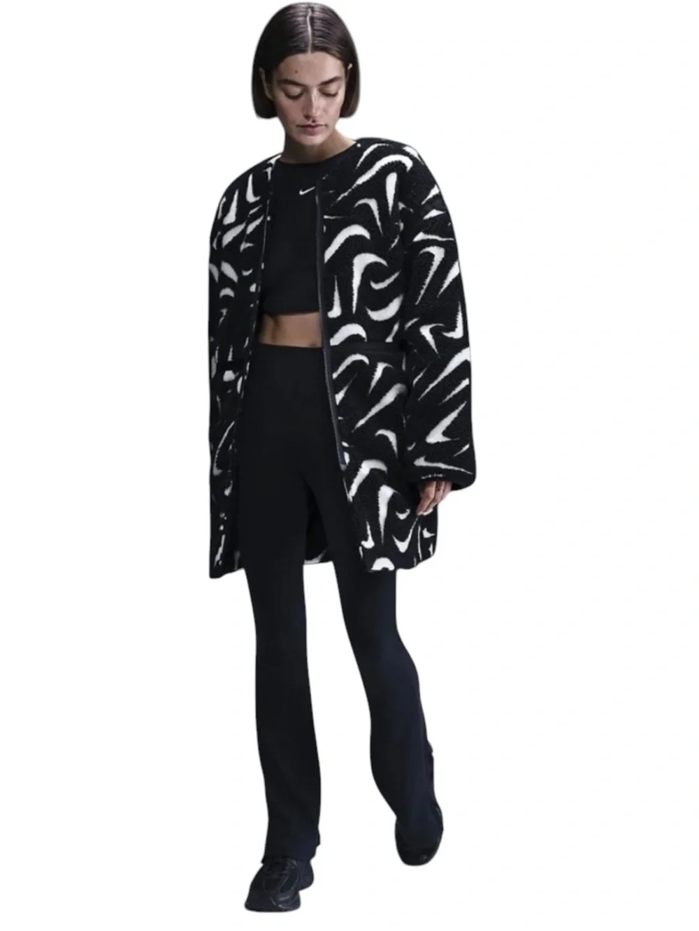Nike Sportswear Loose High-Pile Jacket Black White FV8025-010 Womens Size M